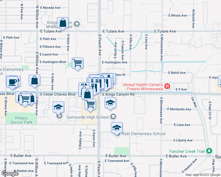 map of restaurants, bars, coffee shops, grocery stores, and more near 5247 East Kings Canyon Road in Fresno