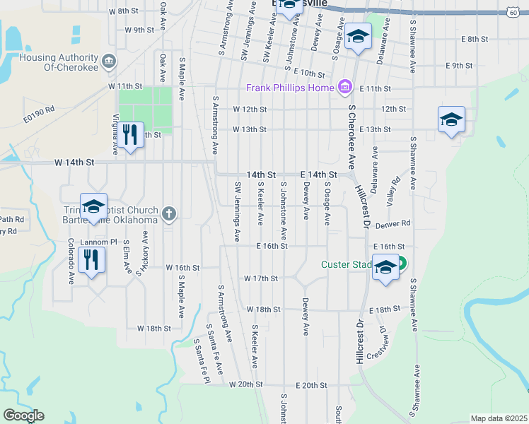 map of restaurants, bars, coffee shops, grocery stores, and more near 1504 South Keeler Avenue in Bartlesville