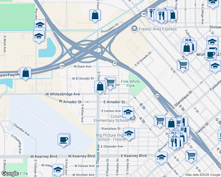 map of restaurants, bars, coffee shops, grocery stores, and more near 625 South Plumas Street in Fresno