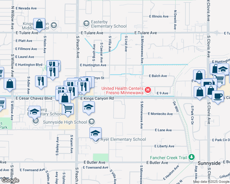 map of restaurants, bars, coffee shops, grocery stores, and more near 5325 East Kings Canyon Road in Fresno