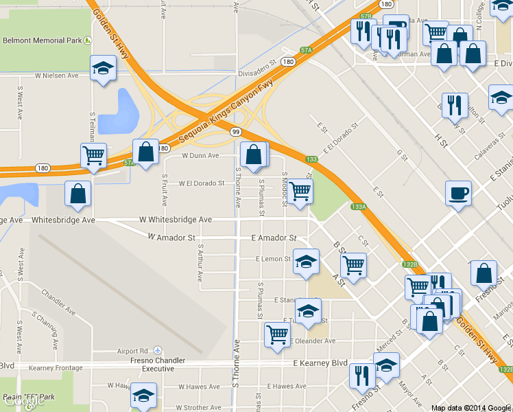 map of restaurants, bars, coffee shops, grocery stores, and more near 615 South Thorne Avenue in Fresno