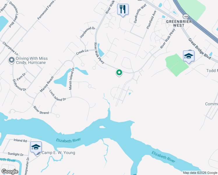 map of restaurants, bars, coffee shops, grocery stores, and more near 716 Inlet Quay in Chesapeake