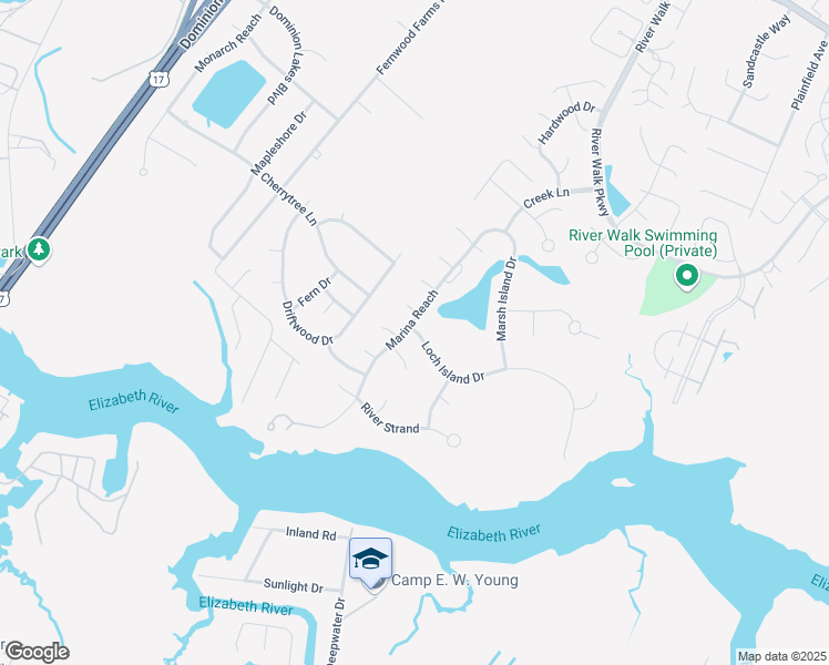 map of restaurants, bars, coffee shops, grocery stores, and more near 219 Marina Reach in Chesapeake