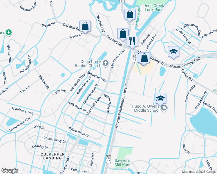 map of restaurants, bars, coffee shops, grocery stores, and more near 301 Willow Bend Court in Chesapeake