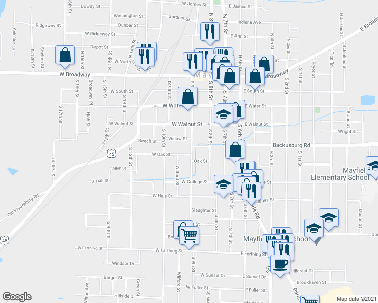 map of restaurants, bars, coffee shops, grocery stores, and more near 319 West Oak Street in Mayfield