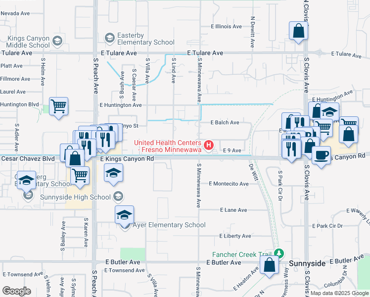 map of restaurants, bars, coffee shops, grocery stores, and more near 5373 E Kings Canyon Rd in Fresno