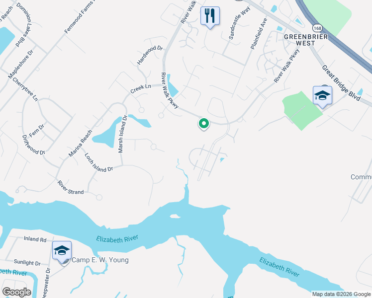 map of restaurants, bars, coffee shops, grocery stores, and more near 716 Inlet Quay in Chesapeake