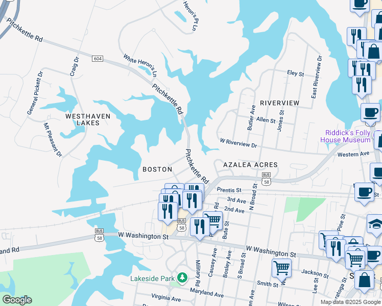 map of restaurants, bars, coffee shops, grocery stores, and more near 704 Pitchkettle Road in Suffolk