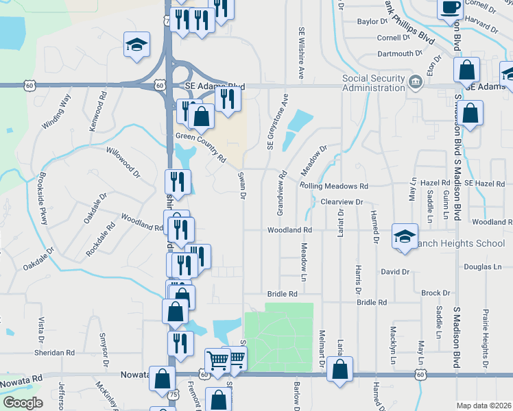 map of restaurants, bars, coffee shops, grocery stores, and more near 1216 Southeast Greystone Avenue in Bartlesville