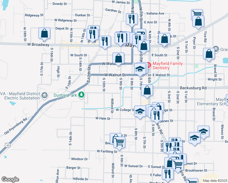 map of restaurants, bars, coffee shops, grocery stores, and more near 319 West Oak Street in Mayfield
