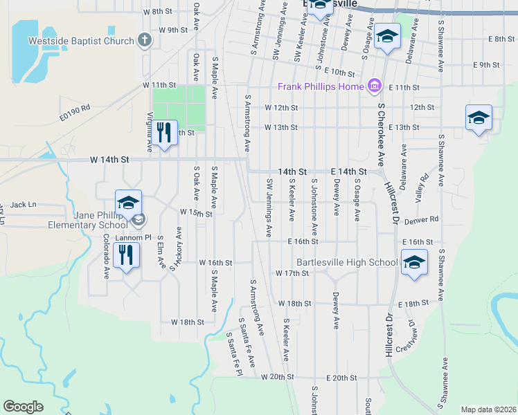 map of restaurants, bars, coffee shops, grocery stores, and more near 315 West 15th Street in Bartlesville