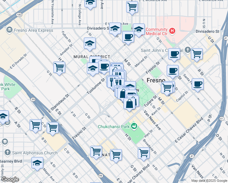 map of restaurants, bars, coffee shops, grocery stores, and more near 1236 Fulton Mall in Fresno