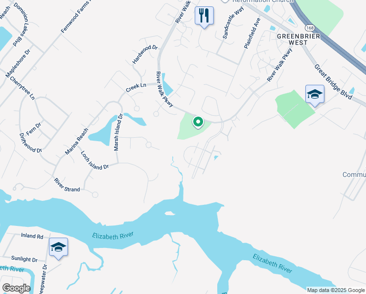 map of restaurants, bars, coffee shops, grocery stores, and more near 712 Inlet Quay in Chesapeake