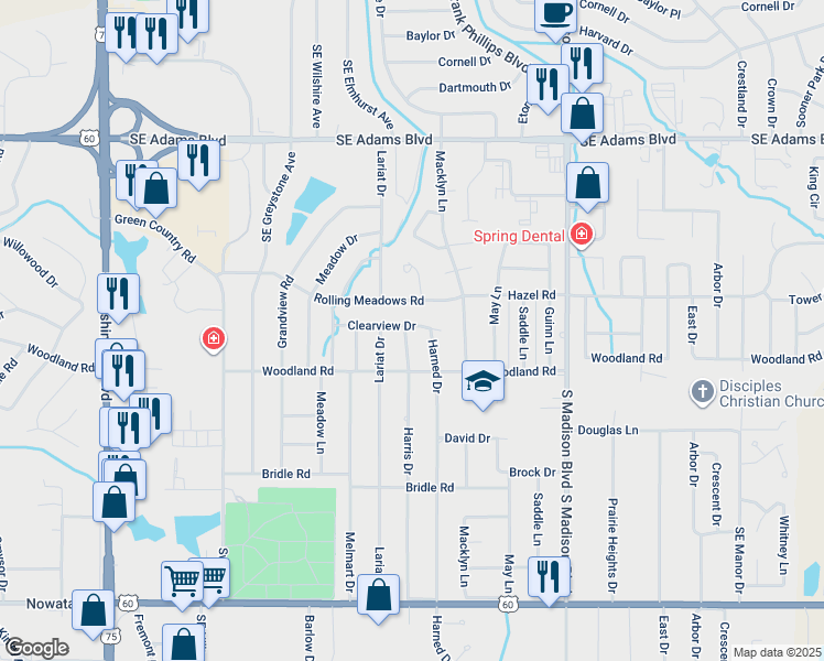 map of restaurants, bars, coffee shops, grocery stores, and more near 1200 Harris Drive in Bartlesville