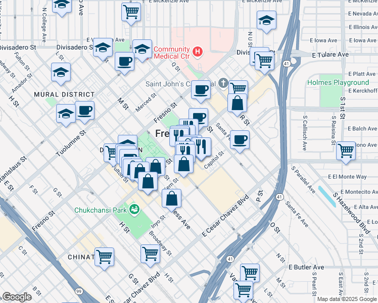map of restaurants, bars, coffee shops, grocery stores, and more near 970 N Street in Fresno