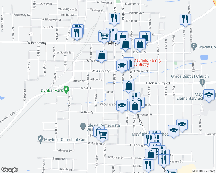 map of restaurants, bars, coffee shops, grocery stores, and more near 214 Short Willow Street in Mayfield