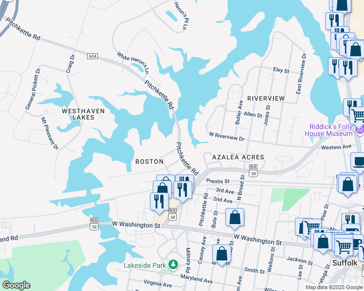 map of restaurants, bars, coffee shops, grocery stores, and more near 704 Pitchkettle Road in Suffolk