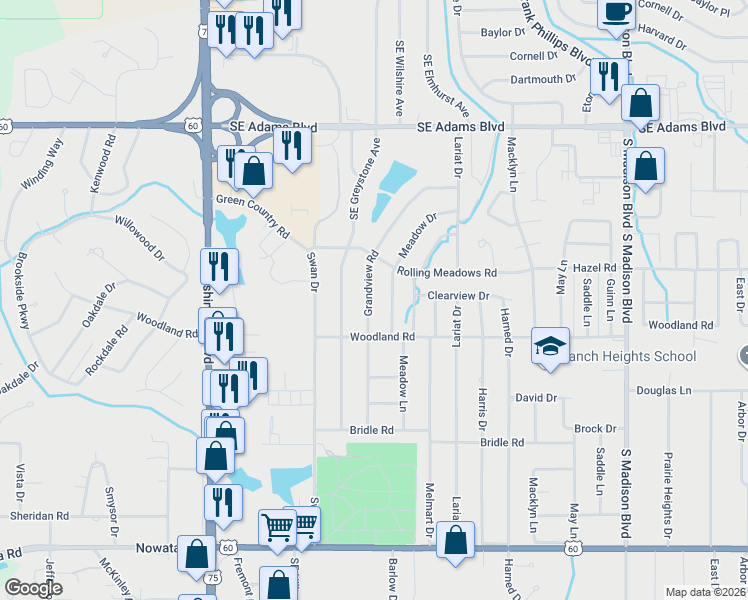 map of restaurants, bars, coffee shops, grocery stores, and more near 1216 Grandview Road in Bartlesville