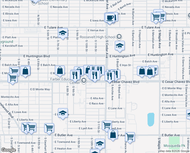 map of restaurants, bars, coffee shops, grocery stores, and more near 4042 East Mono Avenue in Fresno