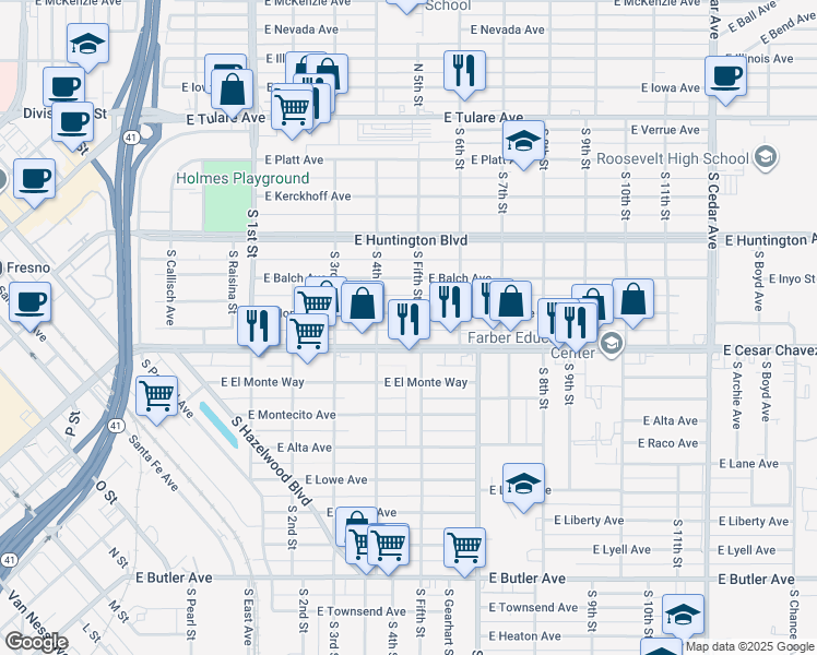 map of restaurants, bars, coffee shops, grocery stores, and more near 3452 East Mono Avenue in Fresno