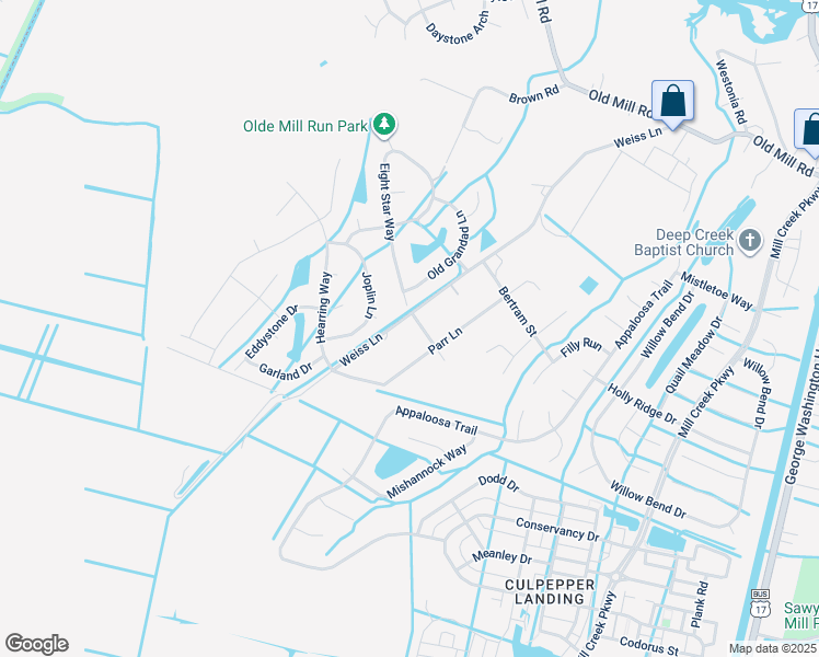 map of restaurants, bars, coffee shops, grocery stores, and more near 3605 Weiss Lane in Chesapeake