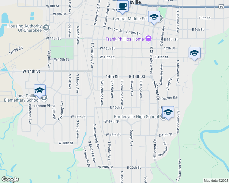 map of restaurants, bars, coffee shops, grocery stores, and more near 1500 South Keeler Avenue in Bartlesville