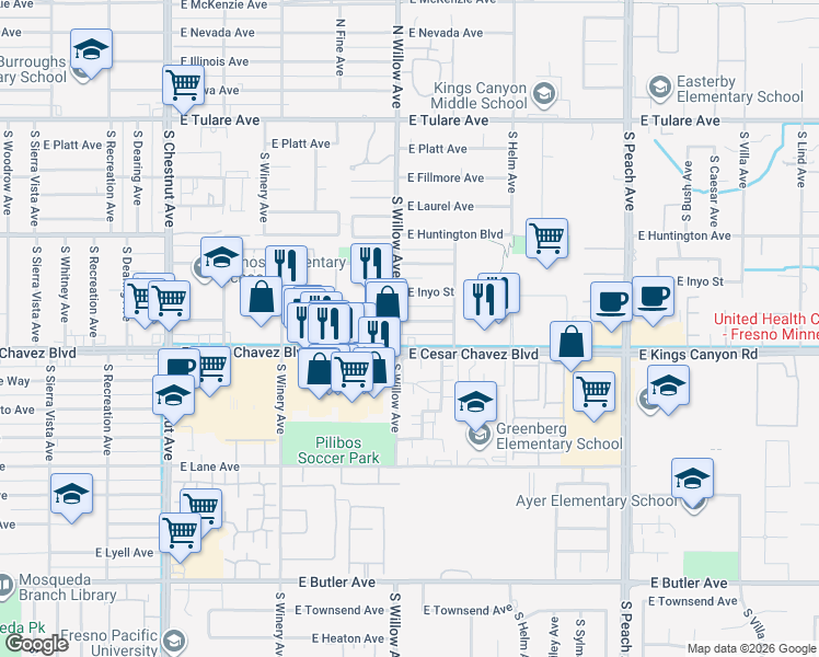 map of restaurants, bars, coffee shops, grocery stores, and more near 5008 East Mono Avenue in Fresno