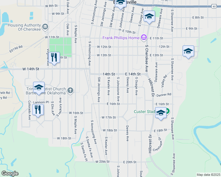map of restaurants, bars, coffee shops, grocery stores, and more near 1504 South Keeler Avenue in Bartlesville