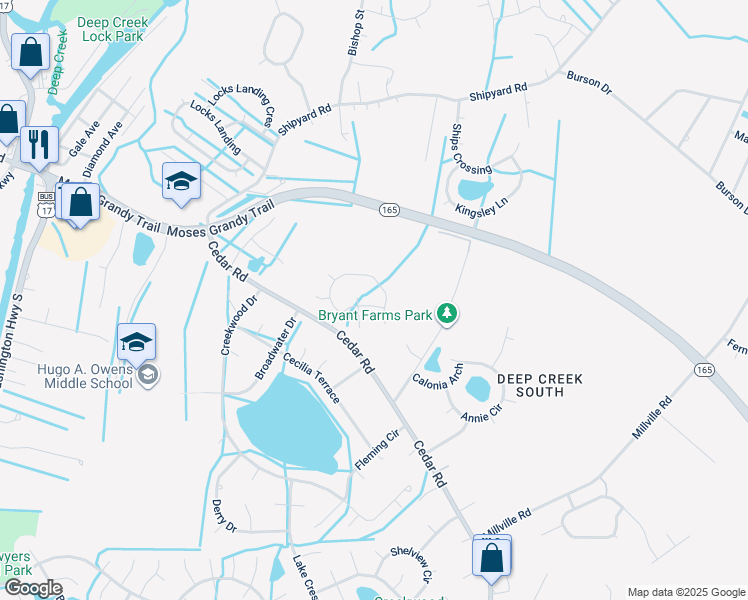 map of restaurants, bars, coffee shops, grocery stores, and more near 2702 Twin Cedar Trail in Chesapeake