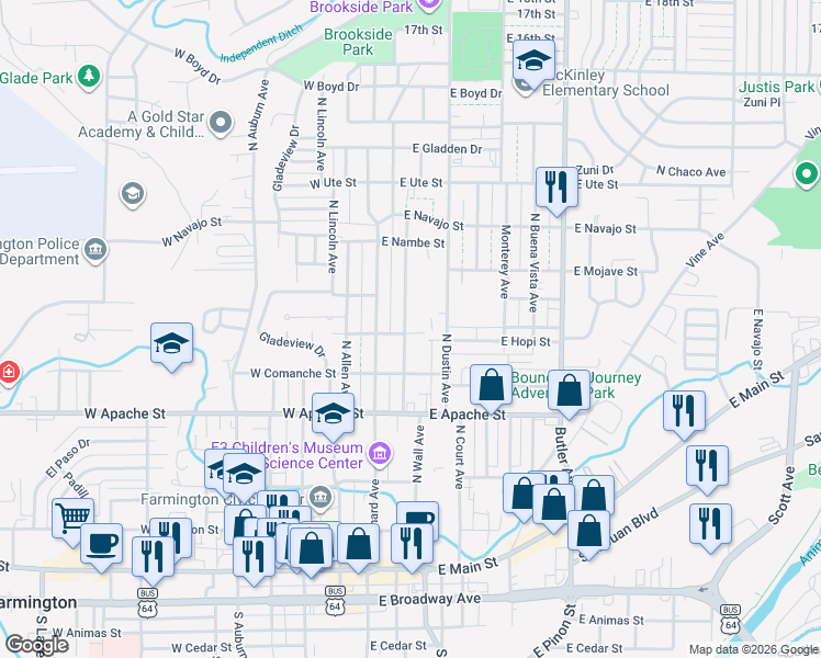 map of restaurants, bars, coffee shops, grocery stores, and more near 204 East Hopi Street in Farmington