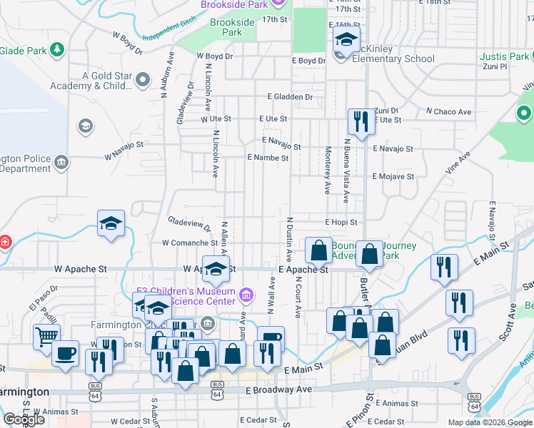 map of restaurants, bars, coffee shops, grocery stores, and more near 204 East Hopi Street in Farmington
