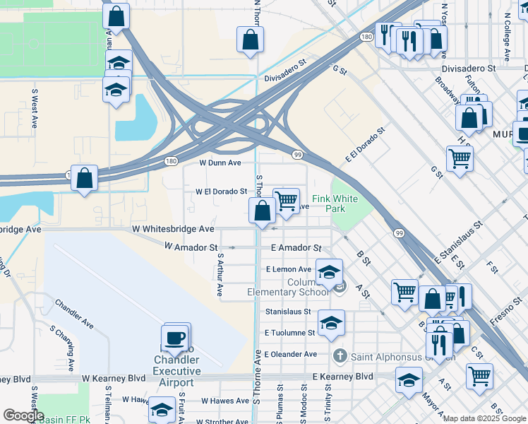 map of restaurants, bars, coffee shops, grocery stores, and more near 615 South Thorne Avenue in Fresno