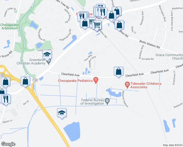 map of restaurants, bars, coffee shops, grocery stores, and more near 424 Clearfield Avenue in Chesapeake