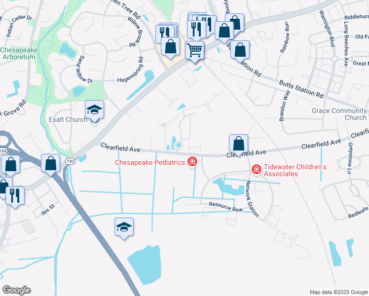 map of restaurants, bars, coffee shops, grocery stores, and more near 424 Clearfield Avenue in Chesapeake