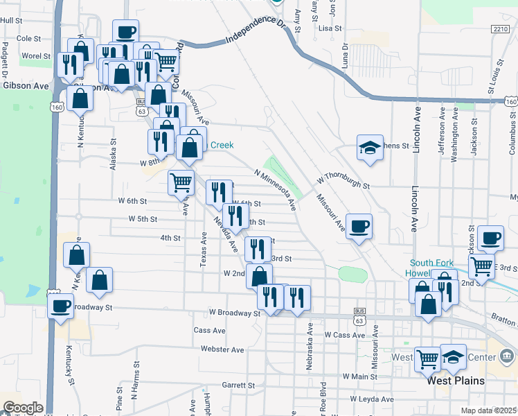 map of restaurants, bars, coffee shops, grocery stores, and more near 1042 West 6th Street in West Plains