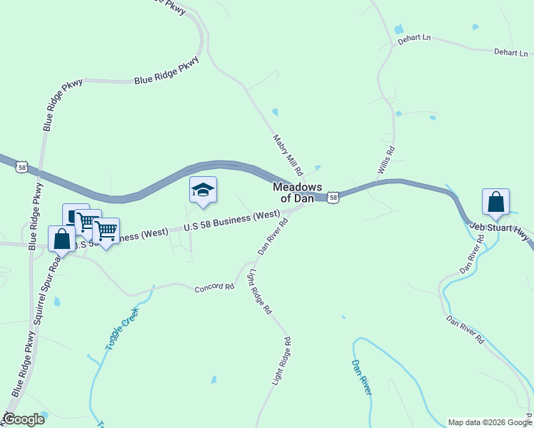 map of restaurants, bars, coffee shops, grocery stores, and more near 3003 Jeb Stuart Highway in Meadows of Dan