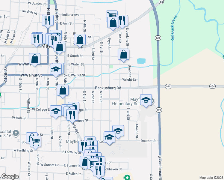 map of restaurants, bars, coffee shops, grocery stores, and more near 700-798 Backusburg Road in Mayfield