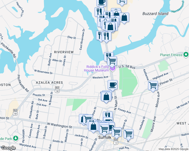 map of restaurants, bars, coffee shops, grocery stores, and more near 221 Western Avenue in Suffolk