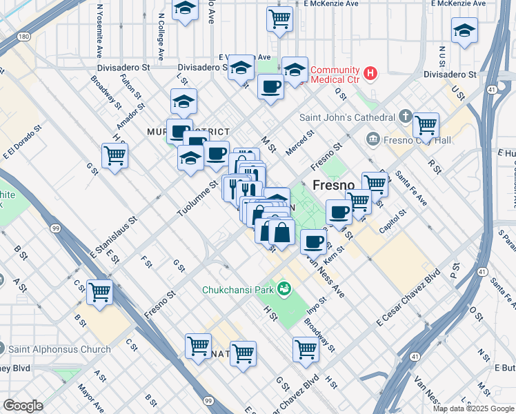 map of restaurants, bars, coffee shops, grocery stores, and more near in Fresno