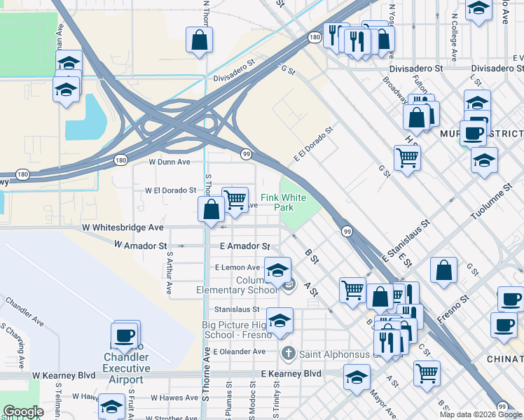 map of restaurants, bars, coffee shops, grocery stores, and more near 220 East O'Neil Avenue in Fresno