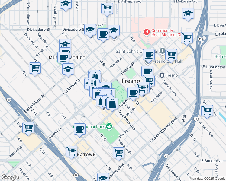 map of restaurants, bars, coffee shops, grocery stores, and more near in Fresno
