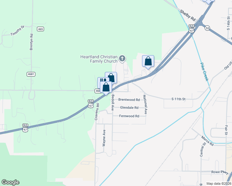 map of restaurants, bars, coffee shops, grocery stores, and more near 2042 Linn Street in Poplar Bluff