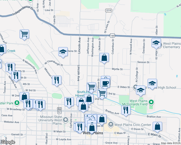 map of restaurants, bars, coffee shops, grocery stores, and more near 1001-1099 Washington Ave in West Plains