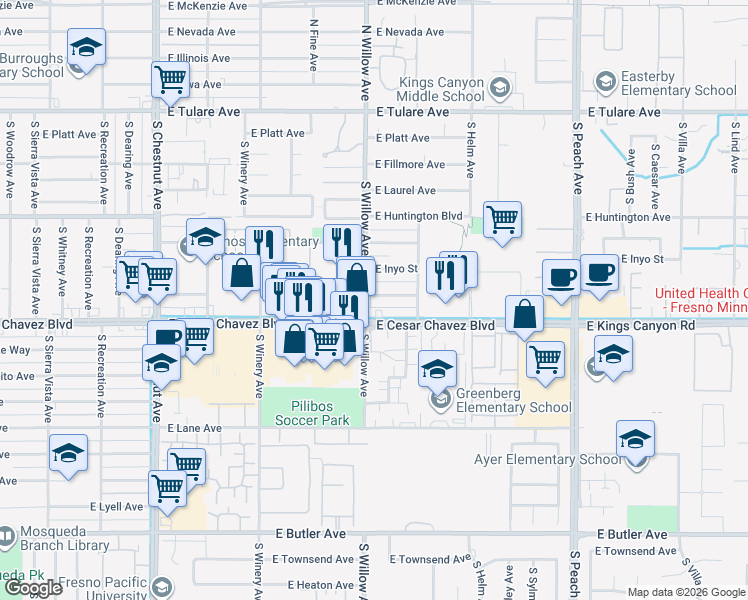 map of restaurants, bars, coffee shops, grocery stores, and more near 5008 East Mono Avenue in Fresno