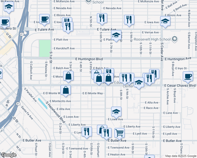 map of restaurants, bars, coffee shops, grocery stores, and more near 3562 East Mono Avenue in Fresno
