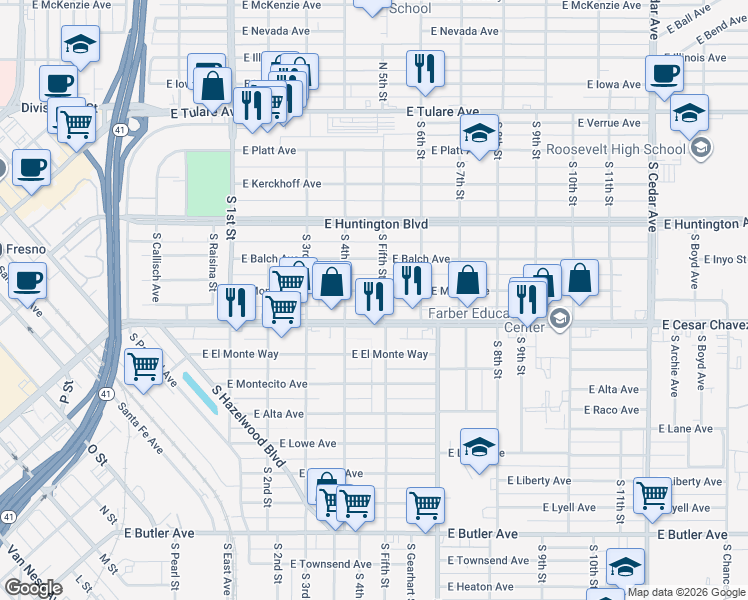 map of restaurants, bars, coffee shops, grocery stores, and more near 3452 East Mono Avenue in Fresno