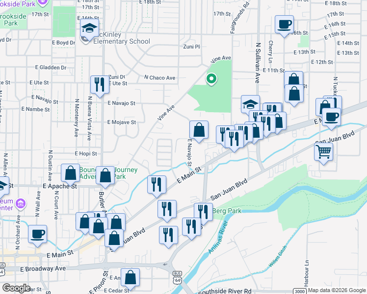 map of restaurants, bars, coffee shops, grocery stores, and more near 1107 East Navajo Street in Farmington