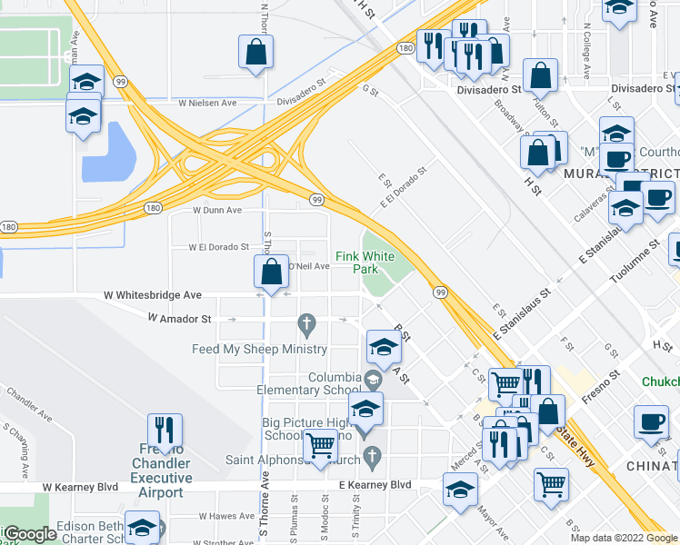 map of restaurants, bars, coffee shops, grocery stores, and more near 220 East O'Neil Avenue in Fresno