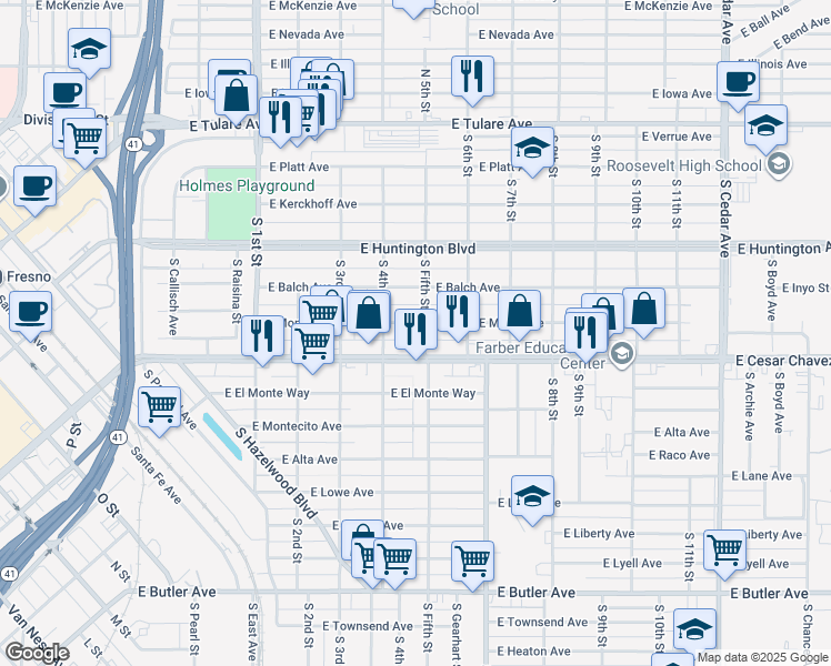 map of restaurants, bars, coffee shops, grocery stores, and more near 3452 East Mono Avenue in Fresno