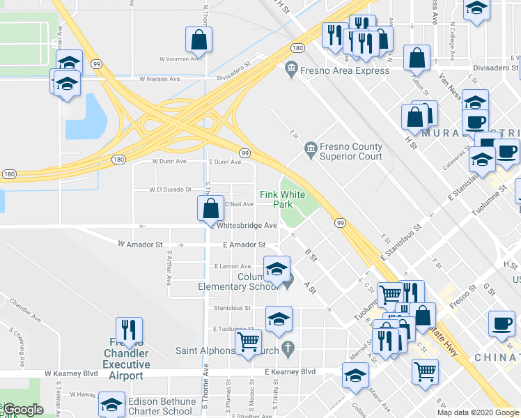 map of restaurants, bars, coffee shops, grocery stores, and more near 220 East O'Neil Avenue in Fresno